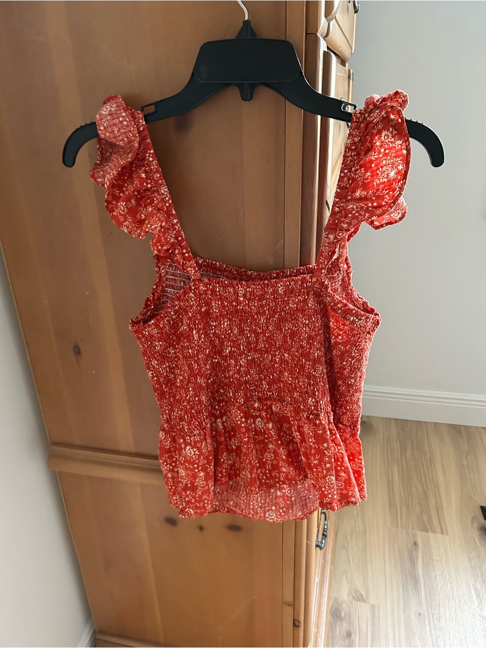 Madewell Red Floral Smocked Ruffle Strap Tank